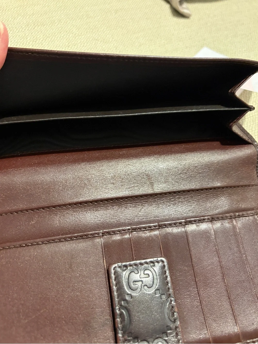 Authentic Gucci Brown Leather Continental Wallet with Embossed GG